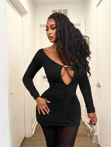 BamGleam New Autumn Party Ins Style Off-Shoulder Hollow-Out Sexy Open Back Ruched Bodycon Long Sleeve Dress For Women Women's Dress Tea Party Long Sleeved Women's Sexy Semi Formal Black Dress - Black - View 4
