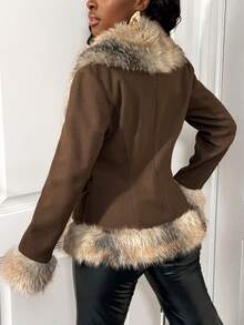 SHEIN BamGlam 女式仿皮草拼布长袖外套，秋冬时尚 - 棕色 - 查看 2