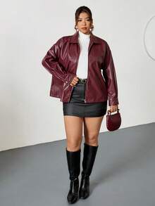 Firerie Plus Size Solid Color Zip-Up Casual Versatile Long Sleeve Jacket Autumn Winter Clothes For Women Red - Burgundy - View 6