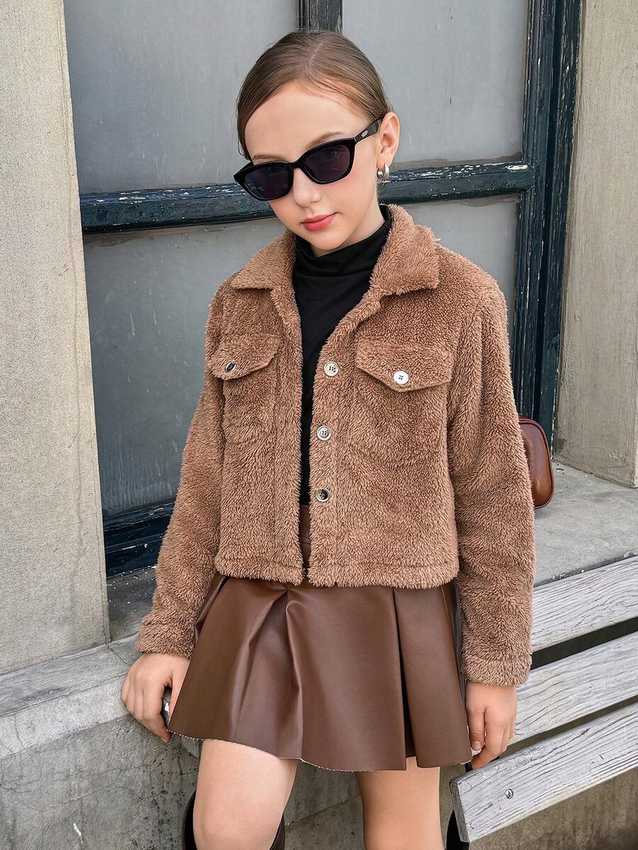 青少年女孩休闲时尚街头风格翻盖口袋羊毛夹克，秋冬 - 卡其色 - 查看 1
