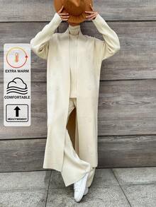 EURMUSE High Neck Knit Top and Knit Pants and Open Front Cardigan - Beige - View 1