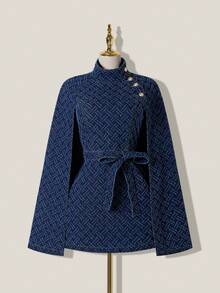 SHEIN MOD 女式新款修身立领系带牛仔斗篷夹克，适合所有季节 - 深色水洗藍 - 查看 7