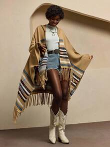 Bóhologie BOHOLOGIE 超大版型多色条纹拼色连帽流苏细节下摆斗篷 冬季、女士开衫、开衫、秋季、女士秋季服装、开衫、秋季服装 - 彩色 - 查看 3