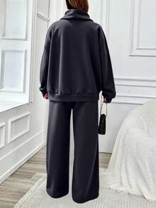 SHEIN Cottnline 100%Cotton Plus Half Zip Drop Shoulder Sweatshirt & Sweatpants - Dark Grey - View 2