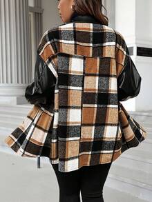 Calvaya Plus Plaid Print Drop Shoulder Flap Pocket Jacket Fall Winter Cloth For Women Autumn - Brown - View 2
