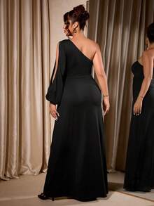 Cravure 大码女式新款单肩、落肩、露背、合身浪漫灯笼袖长裙，适合鸡尾酒会和日常穿着 - 黑色 - 查看 2