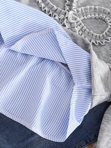 Girls Casual Versatile 2 In 1 Sweatshirt, With Blue & White Striped Shirt Collar, Cuffs And Hem, Black Letter Print Graphic On Chest, Suitable For Autumn/Winter Outings, Travel, Walking, School, Commuting, Can Be Paired With Jackets, Pants, Sweatpants - Grey - View 8