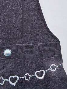 Tween 女童卡通印花黑色休闲连体裤，返校街头风格儿童学院风运动服工装裤，宽松高腰工装裤街头服饰 - 黑色 - 查看 5