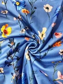 Elenzga 女士优雅 U 领花卉印花褶皱腰长袖 T 恤上衣，适合女性日常生活、派对、通勤、秋冬季 - 藍色 - 查看 7