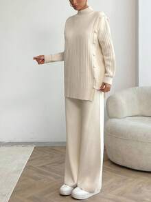 EURMUSE Women Solid Color Button Detailed Mock Neck Drop Shoulder Pullover & Sweater Pants Set - Beige - View 7