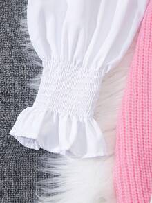 INAWLY 女士春季两件套灯笼袖白色衬衫上衣和宽松下摆针织背心毛衣套装 - 粉色 - 查看 4