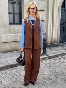 SHEIN 3 件套青少年女孩休闲时尚街头时尚翻领西装背心、长袖衬衫和裤子套装 - 棕色 - 查看 5