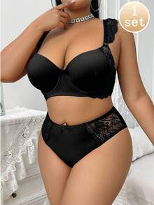 SHEIN Set de 2 sujetadores con aros y encaje en tallas grandes - Negro - Ver 2