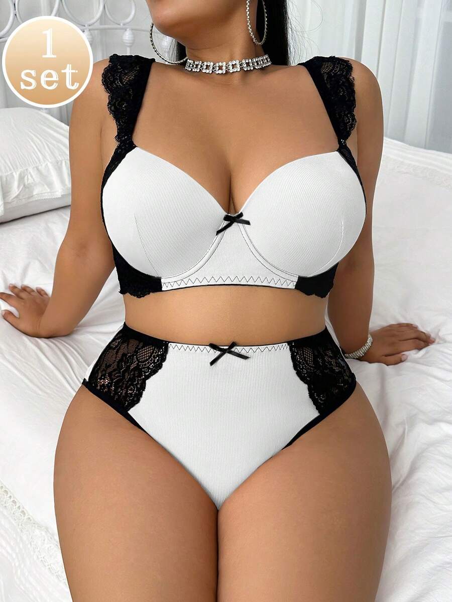 SHEIN 2件套加大码蕾丝拼布钢圈文胸套装 - 黑與白 - 查看 1