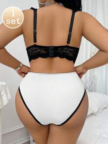 SHEIN 2件套加大码蕾丝拼布钢圈文胸套装 - 黑與白 - 查看 2