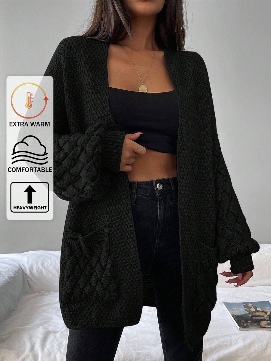 EURMUSE Dual Pocket Drop Shoulder Open Front Cardigan - Black - View 1