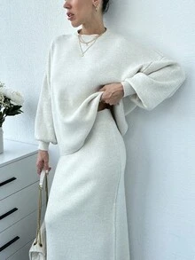 EURMUSE 女士纯色灯笼袖毛衣和毛衣裙套装