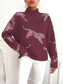 EMERY ROSE Maglione casual da donna con colletto alla coreana e stampa leopardata, adatto per l'autunno/inverno - Bordò - Visualizzare 3