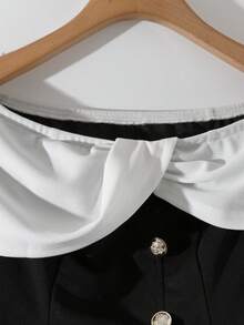 GlowEve Women's Elegant Chic High-End Sense Off-Shoulder Contrast Pleated A-Line Long Sleeve Blouse, Suitable For Graduation Party, Holiday Events, Vacation, Date, Autumn/Winter - Black - View 4