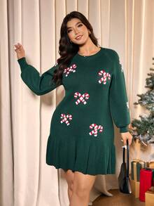Elaquor Plus Size Women Candy Cane Pattern Ruffle Hem Sweater Dress, Autumn/Winter,Christmas - Green - View 6