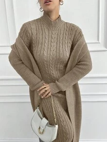 EURMUSE Women Cable Knit Sweater Dress And Cardigan Set, Casual Daily Wear Autumn/Winter - Camel - View 4