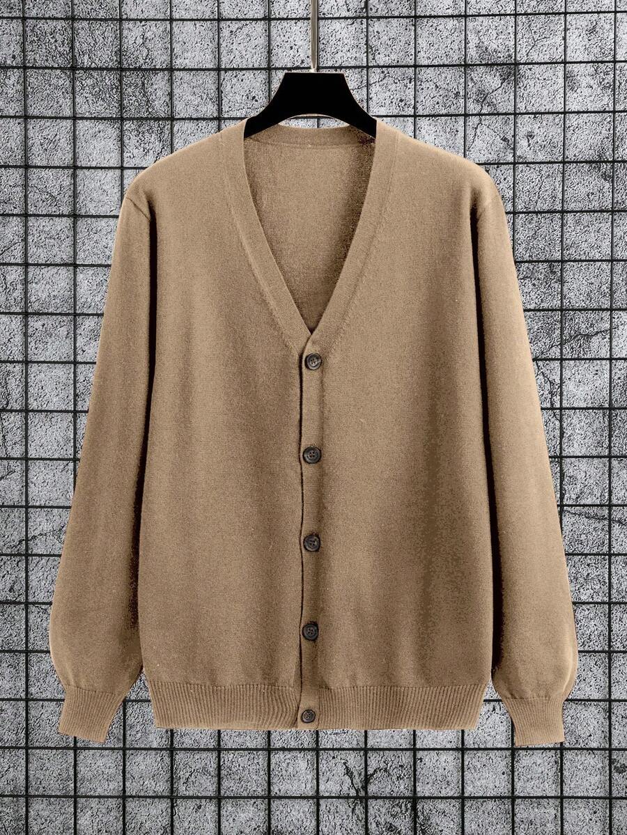 Manfinity Homme 男士休闲V领长袖开衫，百搭纯色，适合日常通勤，秋季男士针织棕色开衫 - 駝色 - 查看 1