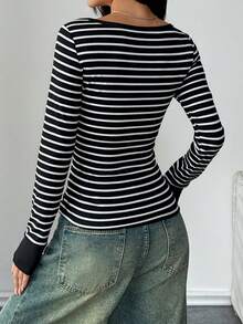 SHEIN PETITE 黑白条纹圆领部分纽扣长袖修身 T 恤，适合娇小女性，秋冬季，简约，百搭设计，适合通勤、办公室、教师、休闲、约会、复古、家居 - 黑與白 - 查看 2