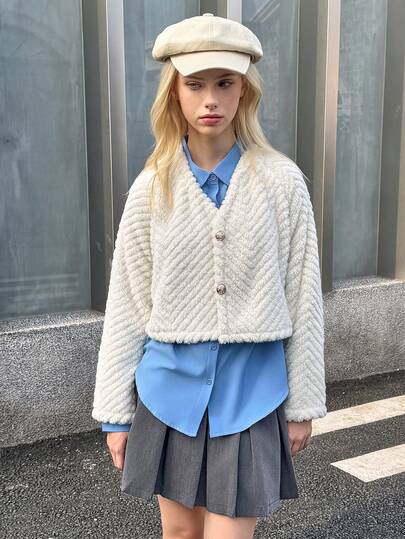 Teen Girls' Fashionable Fluffy Button Jacket