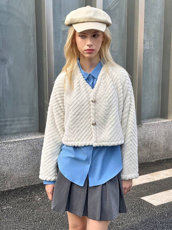 Teen Girls' Fashionable Fluffy Button Jacket