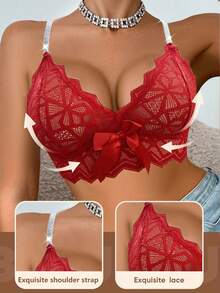 SHEIN Elacene 1件圣诞蕾丝无钢圈文胸女士内衣 - 紅色 - 查看 4
