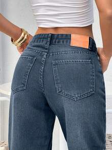 EURMUSE BLACK LOW WAIST BAGGY LOOSE STRAIGHT LEG JEAN - Dark Wash - View 3