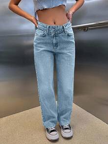 CasuGlow 100% Cotton HIGH RISE ASYMMETRIC BELT STRAIGHT CUT JEAN - Baby Blue - View 4