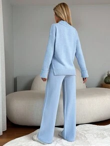 EURMUSE 女款開衩下擺毛衣針織褲套裝