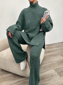 EURMUSE 2pcs Women's Plain Zip Up Long Sleeve Sweater Suit And Sweatpants - Mint Green - View 3