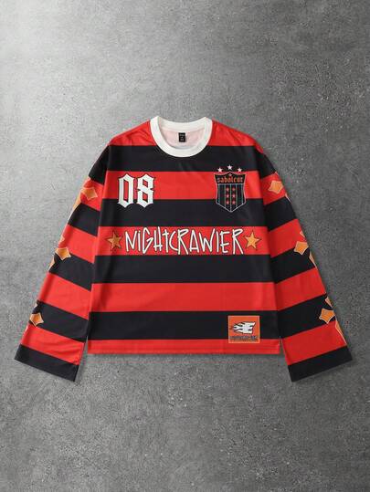 Street Life Men's Striped Long Sleeve T-Shirt, Loose Fit Sports Jersey