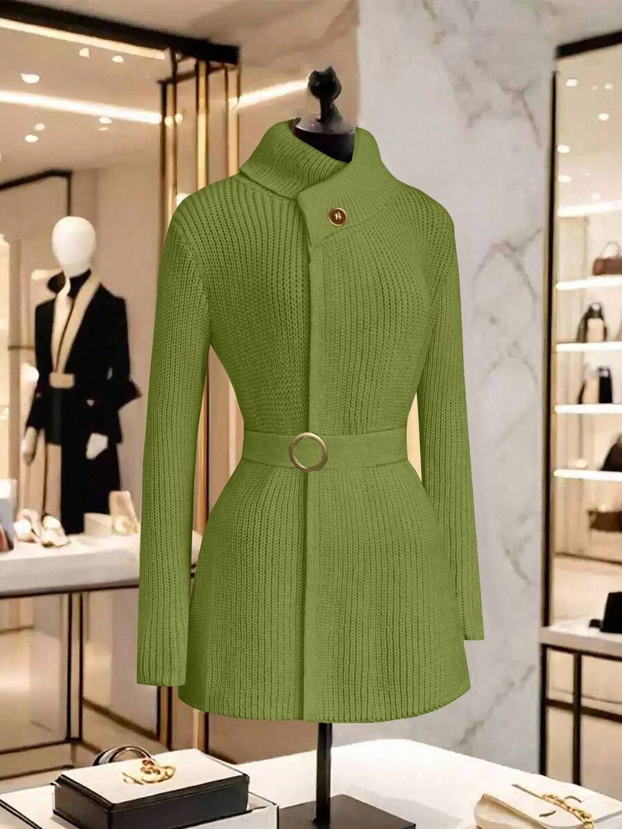 GlowEve 女式纯色长袖高领罗纹时尚开衫 - 綠色 - 查看 1