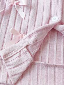 SHEIN Baby Girl Infant Toddler Newborn 0-3 Years Old Autumn/Winter Fashion Knitted Fuzzy Ribbed Bow Cardigan Jacket + Leggings Pants 2-Piece Outfit Set - Pink - View 2