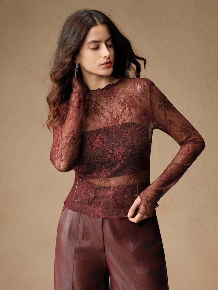 Anewsta Women's Lace See-Through Thumb Hole Elegant Blouse, Suitable For Holiday Party Outfits - Burgundy - View 3