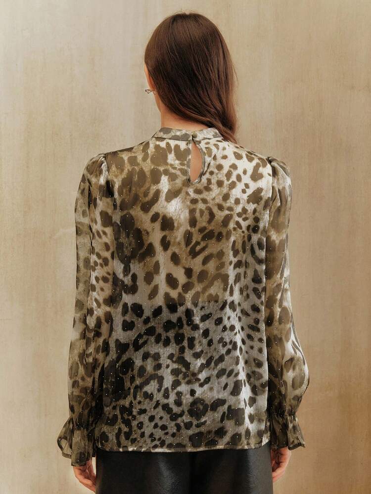 Schicke Leoparden-Muster Vintage 3D Blumen Schleifen-Bluse, geeignet für Herbst, Winter, Frühling, Neujahr, Party, Hochzeit, Arbeit, Thanksgiving, Abschluss, Weihnachten, Feste