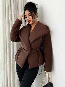 SHEIN Elenzya 女式立领夹克，前中心 4 粒扣开合，腰部抽绳，A 字形下摆开衩，长袖，棕色，法式复古风格，适合办公室、通勤、商务休闲、街头、百搭、秋冬，适合万圣节、圣诞节、感恩节、下午茶派对、返校 - 棕色 - 查看 6