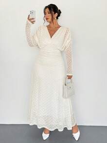 Firerie Plus Size Women Elegant Vacation Textured Fabric Ruched Long Sleeve V-Neck Elastic Waist Flared Dress Spring