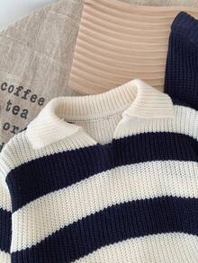 SHEIN 2pcs Young Girl Striped V-Neck Casual Sweater And Leggings Set - Navy Blue - View 3