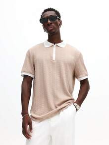 SUMWON 撞色领口和滚边短袖针织 Polo 衫，夏季高尔夫网球休闲装，纯色 - 卡其色 - 查看 3