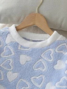 2 件女童舒适灰色简约毛绒心形图案长袖上衣和裤子睡衣套装，休闲家居服，母子装（2 套单独出售） - 藍白色 - 查看 3