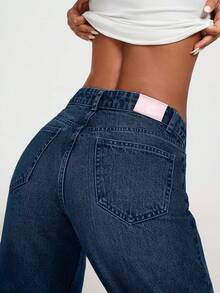 EURMUSE Quần jean ống đứng lưng thấp màu trơn cho nữ - Rửa tối - Xem 2