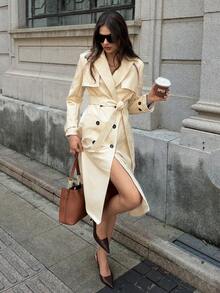 SHEIN Unity Women's Autumn Lapel NeckLong Sleeve Double-Breasted Long PU Leather Trench Coat - Apricot - View 5