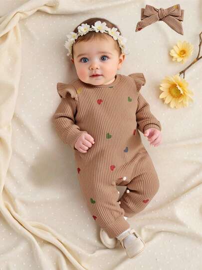 SHEIN אוברול הדפס לבבות לתינוק שזה עתה נולד, אוברול סרוג ונעים עם סרט ראש כלול סתיו חורף