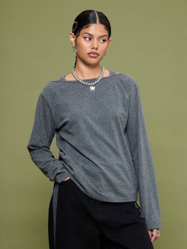 COUREZ Long Sleeve Layered Slouchy Fit Vest Top /Y2K Fall Clothes For Women Winter Clothes For Women Casual Going Out Tops Women's Winter Top Halloween Party Top Party Outfit