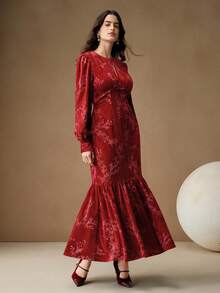 Anewsta 新款优雅复古丝绒提花泡泡袖鱼尾连衣裙，适合秋季、冬季、春季、新年、派对、婚礼等场合，优雅、别致、时尚，圣诞节穿着也十分合适。 - 紅色 - 查看 6