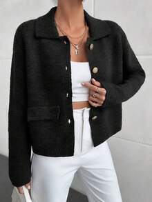 EURMUSE 1pc Solid Color Button Front Elegant Knitted Long Sleeve Cardigan - Black - View 5